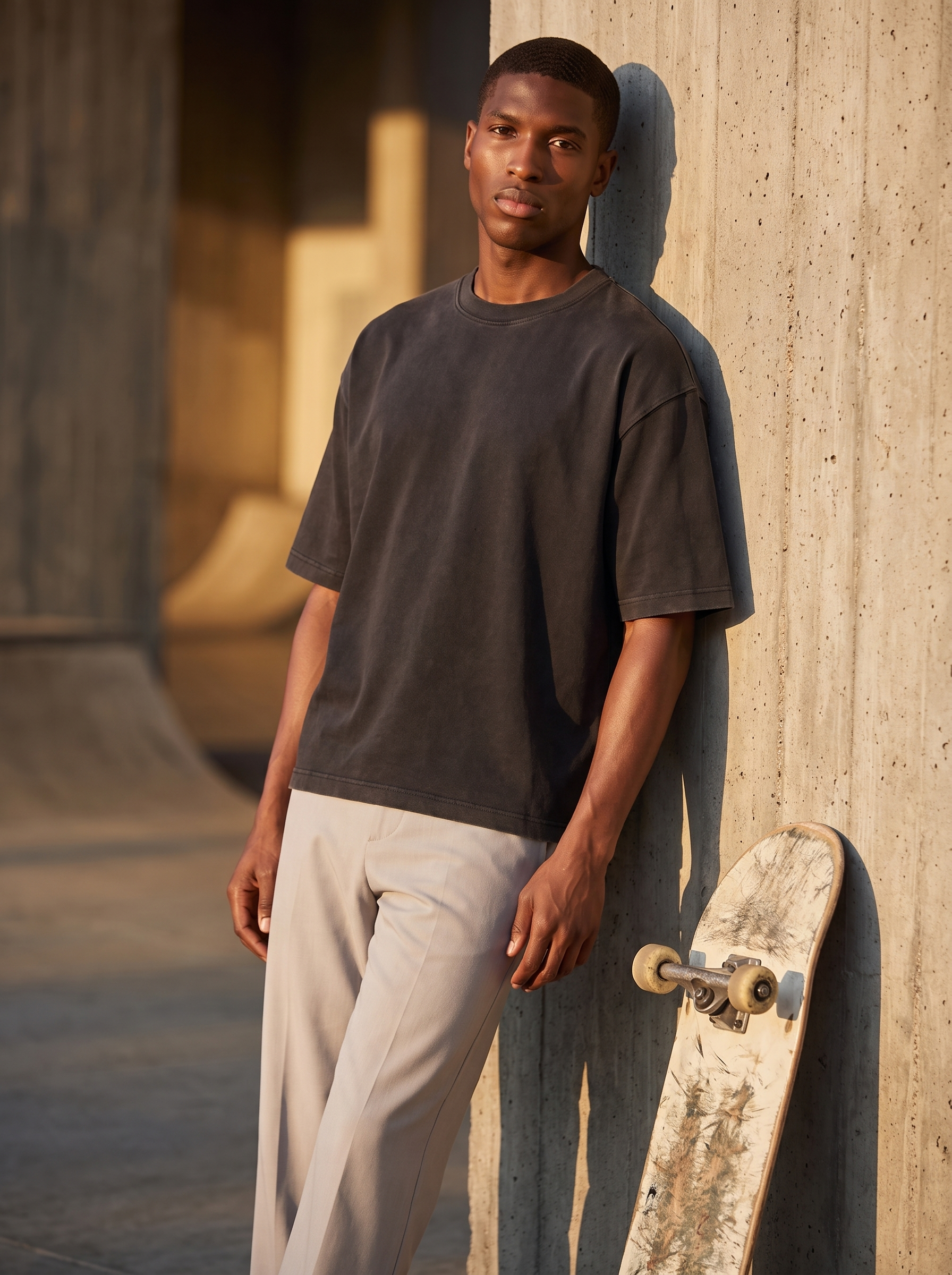 Model wearing washed black boxy tee outdoors, lifestyle view