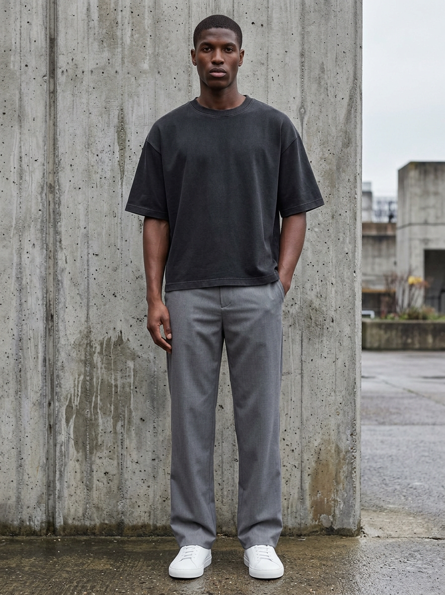 Man wearing the washed black heavyweight boxy tee against a concrete wall