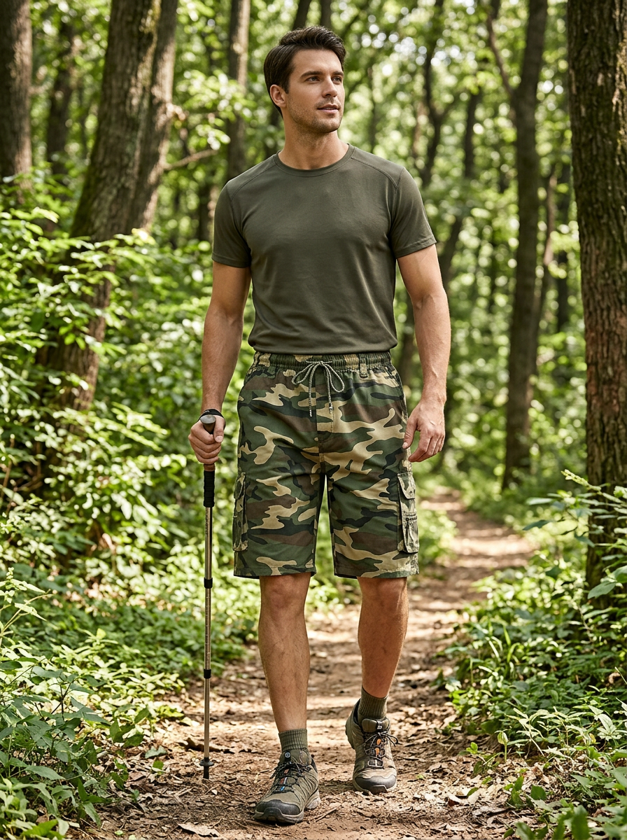 Man wearing camouflage multi-pocket cargo shorts on a forest trail
