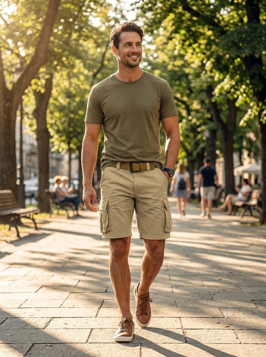 Man wearing khaki multi-pocket cargo shorts in a sunlit park