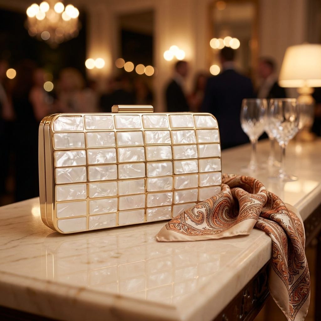 Acrylic evening clutch purse with lock closure on a marble console table