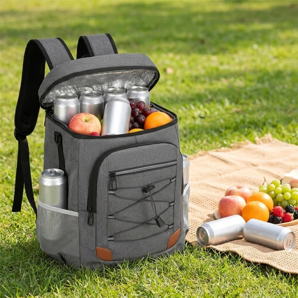 Grey insulated 32-can backpack cooler bag on a park lawn