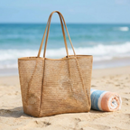 Beige large-capacity open-top beach tote bag on the sand