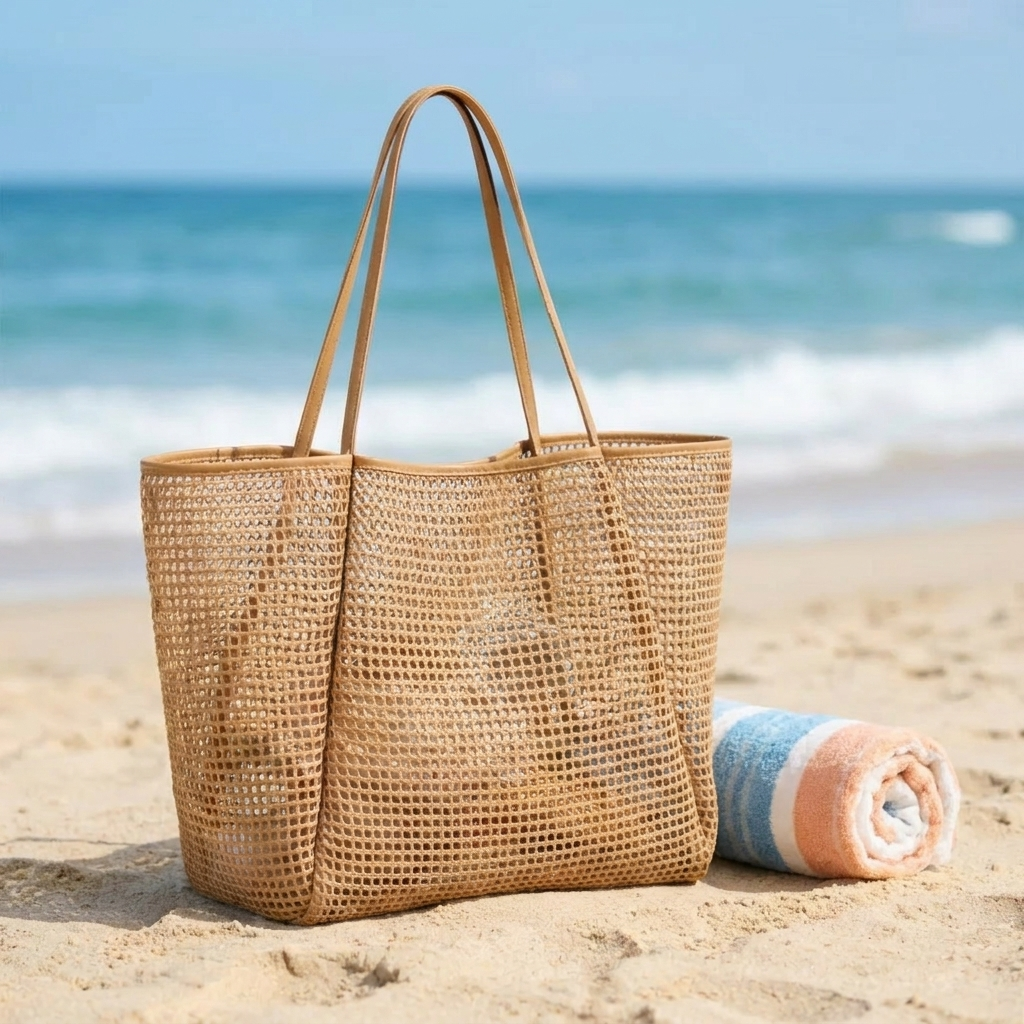 Beige large-capacity open-top beach tote bag on the sand