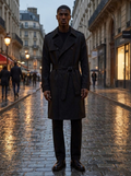 Man wearing a black double-breasted belted trench coat on a city street at dusk