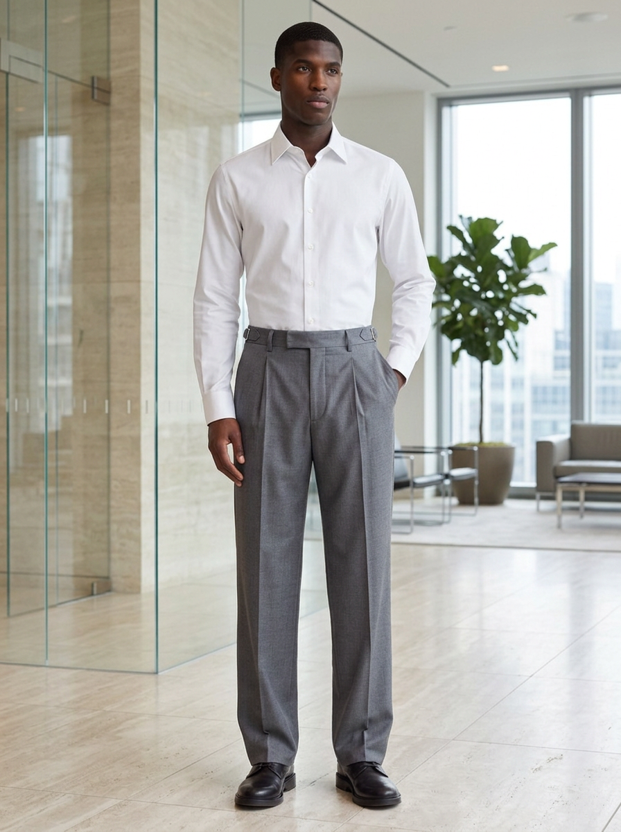 Man wearing grey pleated wide-leg dress trousers in a modern office lobby