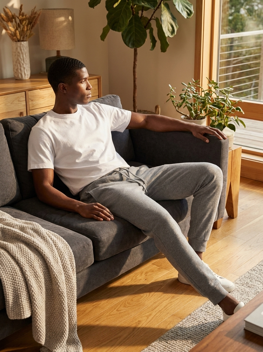 Man wearing heather grey tapered fleece jogger sweatpants in a living room