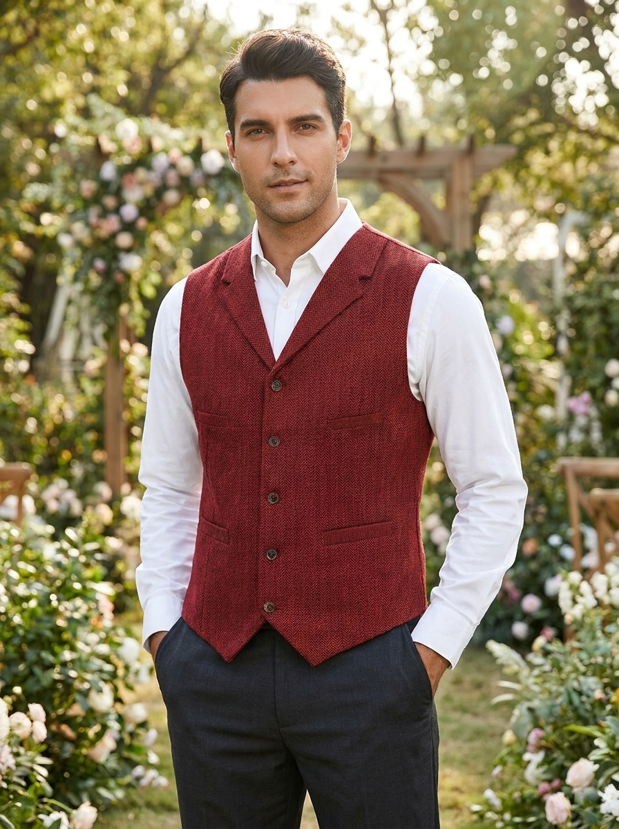 Man wearing a burgundy herringbone tailored button-front waistcoat at a garden venue