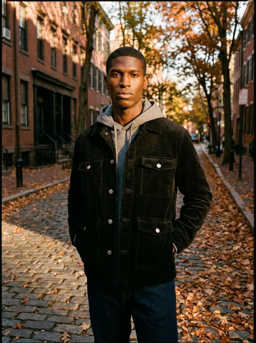 Black corduroy cargo jacket with flap pockets on an autumn street