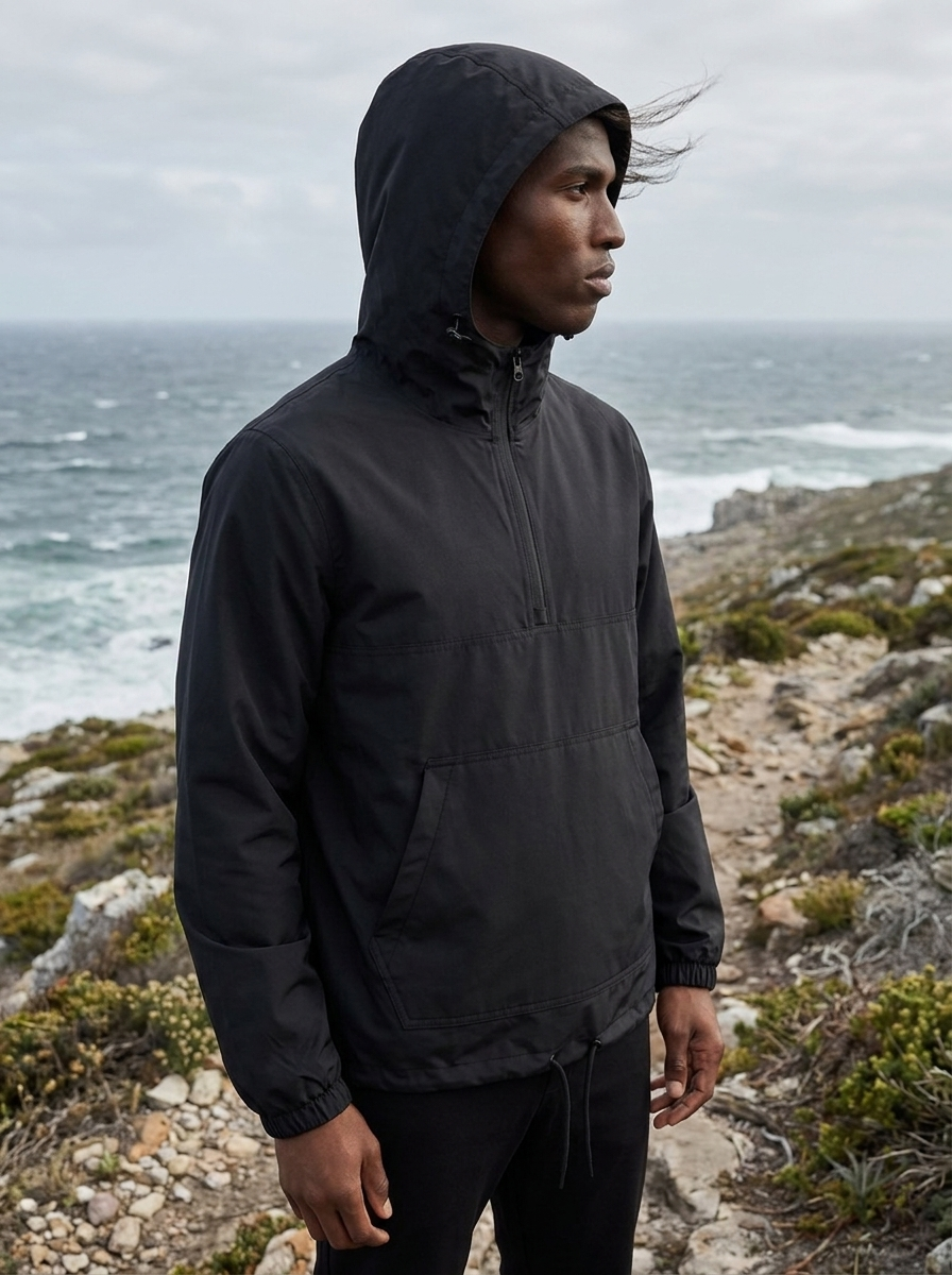 Black half zip hooded anorak pullover jacket on a coastal path