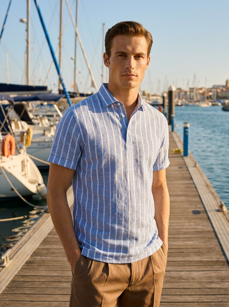 Man wearing a light blue linen short sleeve polo shirt on a harbour marina walkway