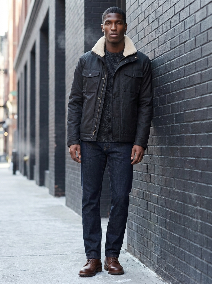 Black waxed canvas jacket with cream sherpa collar on a winter city street
