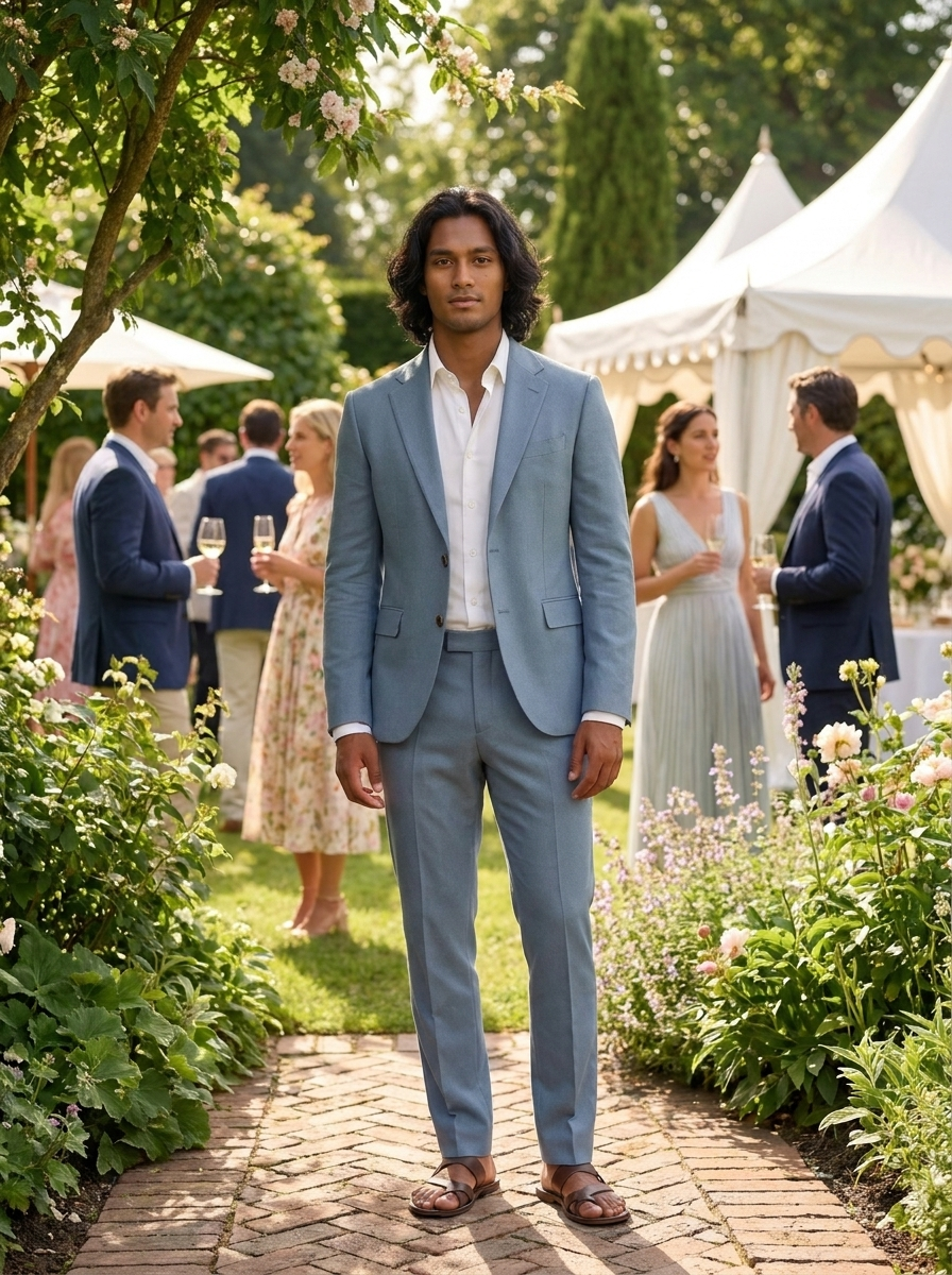 Man wearing a dusty blue slim-fit linen suit at a summer garden party