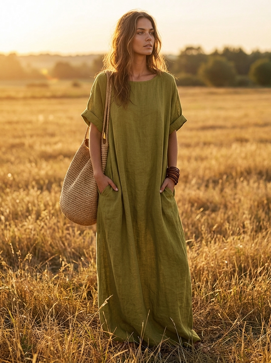 Olive green oversized linen-look boho maxi dress with pockets in an open field