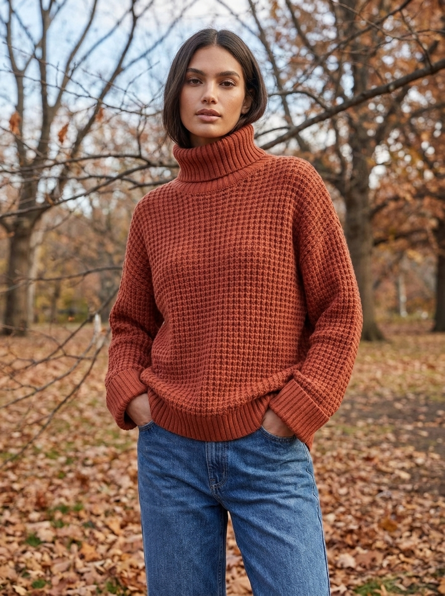 Brick red oversized honeycomb waffle knit turtleneck sweater in an autumn park