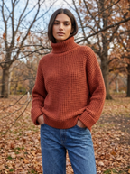 Brick red oversized honeycomb waffle knit turtleneck sweater in an autumn park