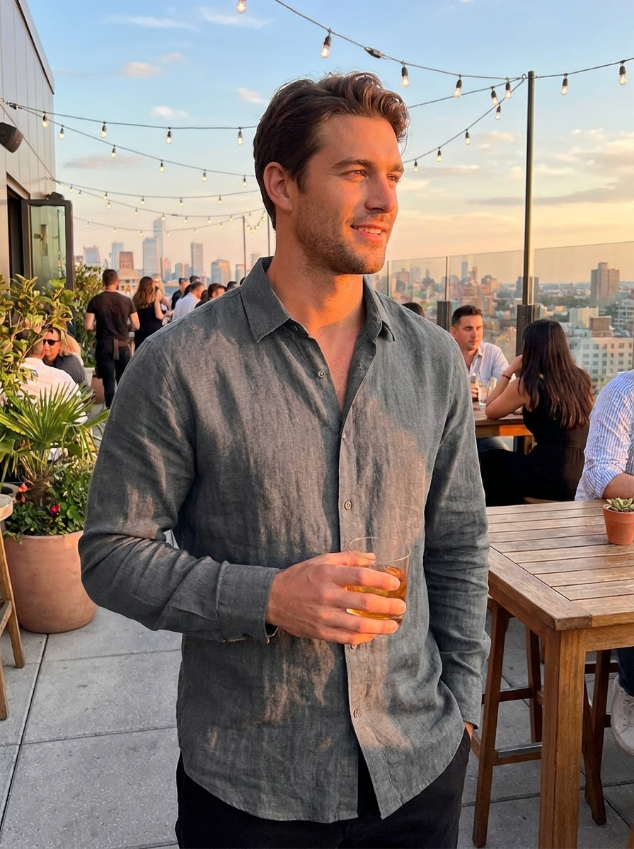 Man wearing a grey linen button-front summer shirt on a rooftop bar at evening