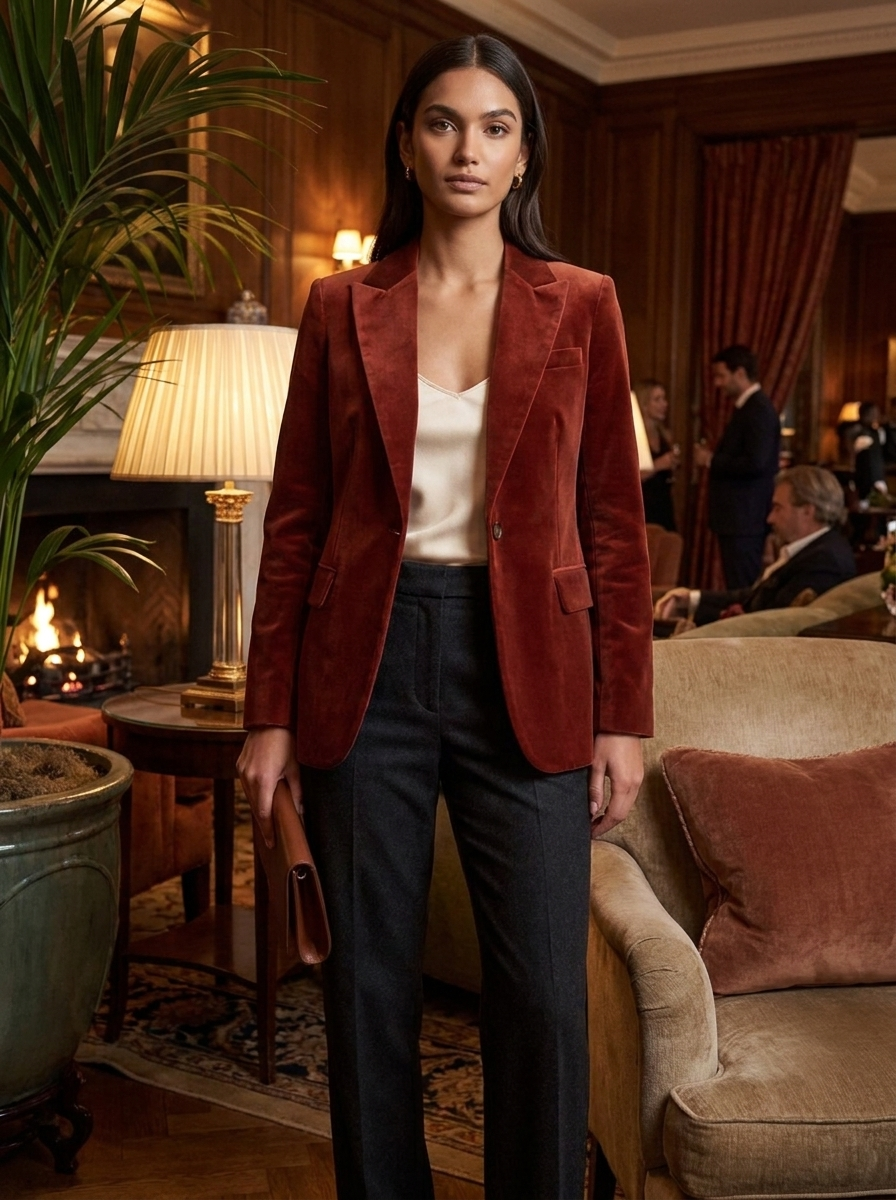 Brick red velvet single button blazer with notched lapel in a hotel lobby