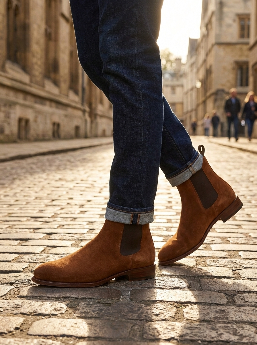 Brown suede Chelsea boots with elastic side gore on a cobblestone street