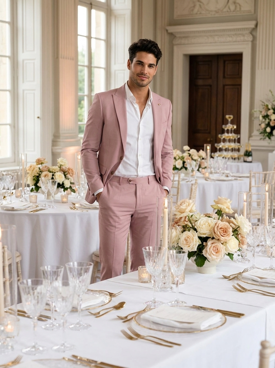 Man wearing a mauve slim-fit two-piece suit at a wedding reception venue