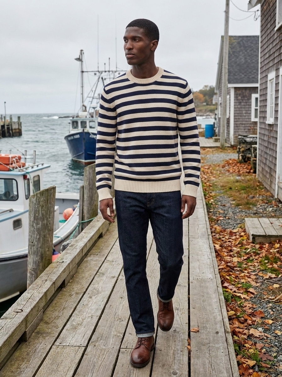 Man wearing a navy and cream striped crew neck knit sweater on a harbour walkway