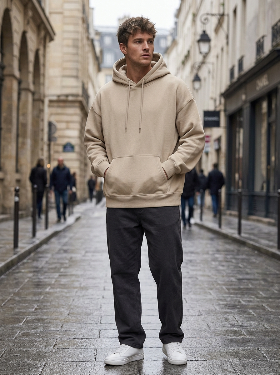Man wearing an oversized beige pullover hoodie on an urban street