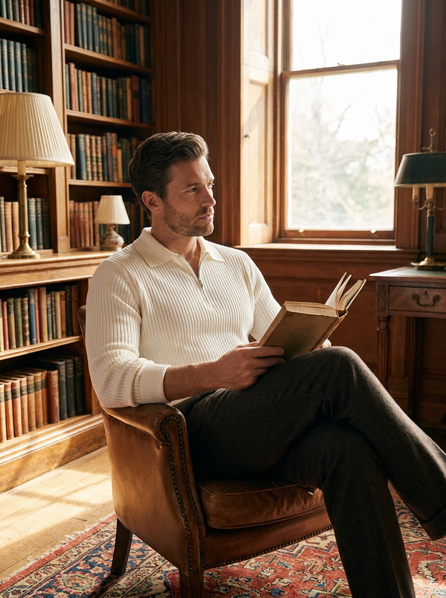 Man wearing a cream ribbed cotton knit quarter-zip pullover in a library