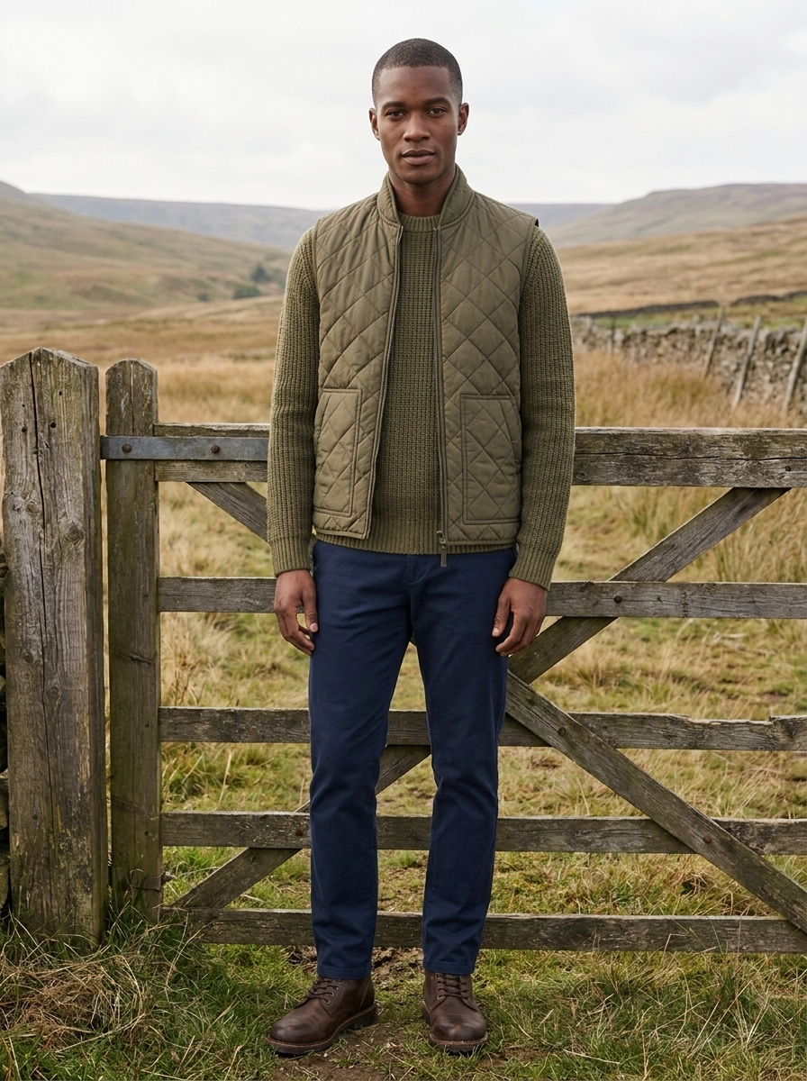 Man wearing an olive quilted sleeveless zip-up vest in open countryside