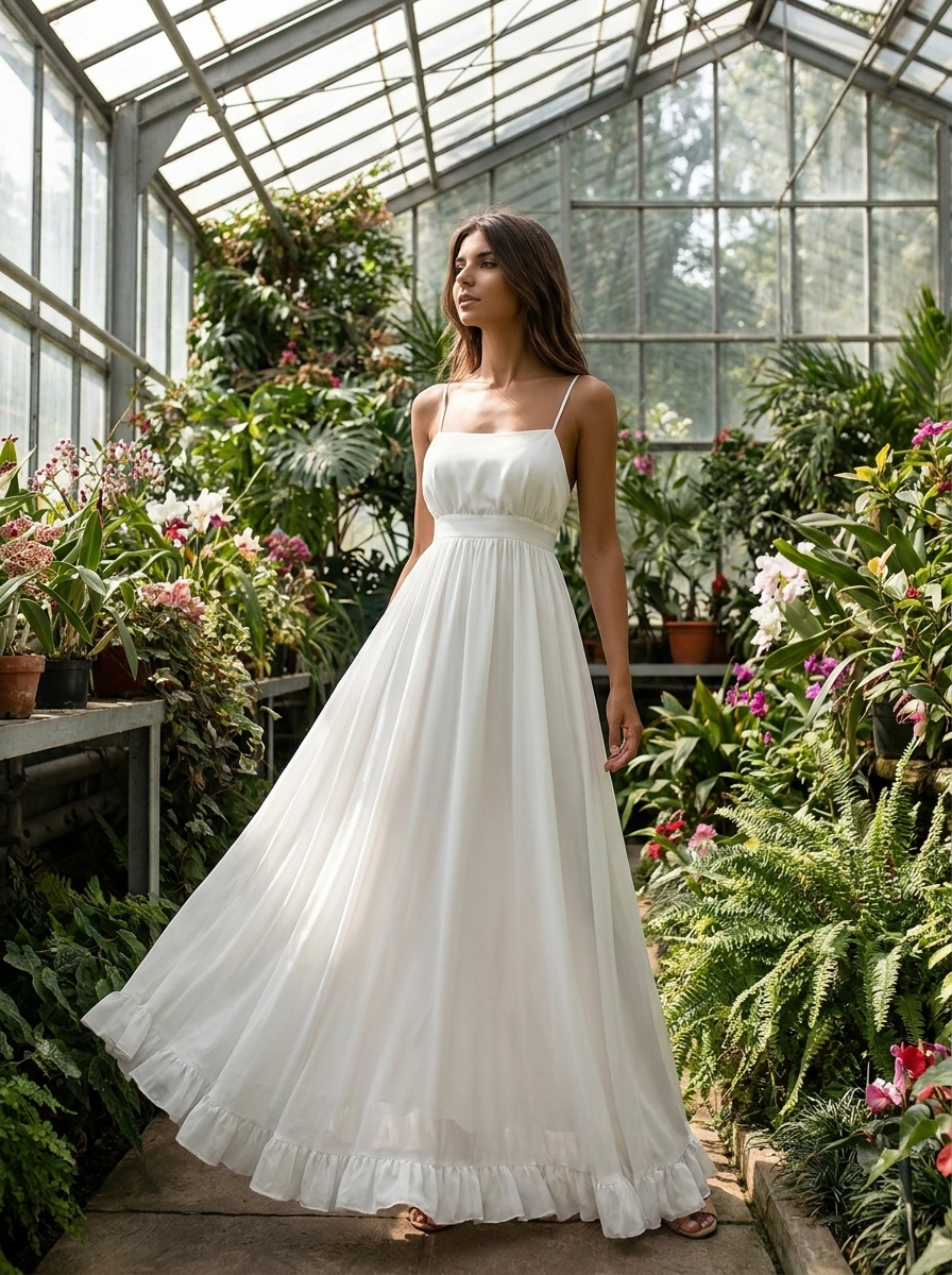 Woman wearing the white chiffon A-line dress with a flowing skirt in a botanical greenhouse