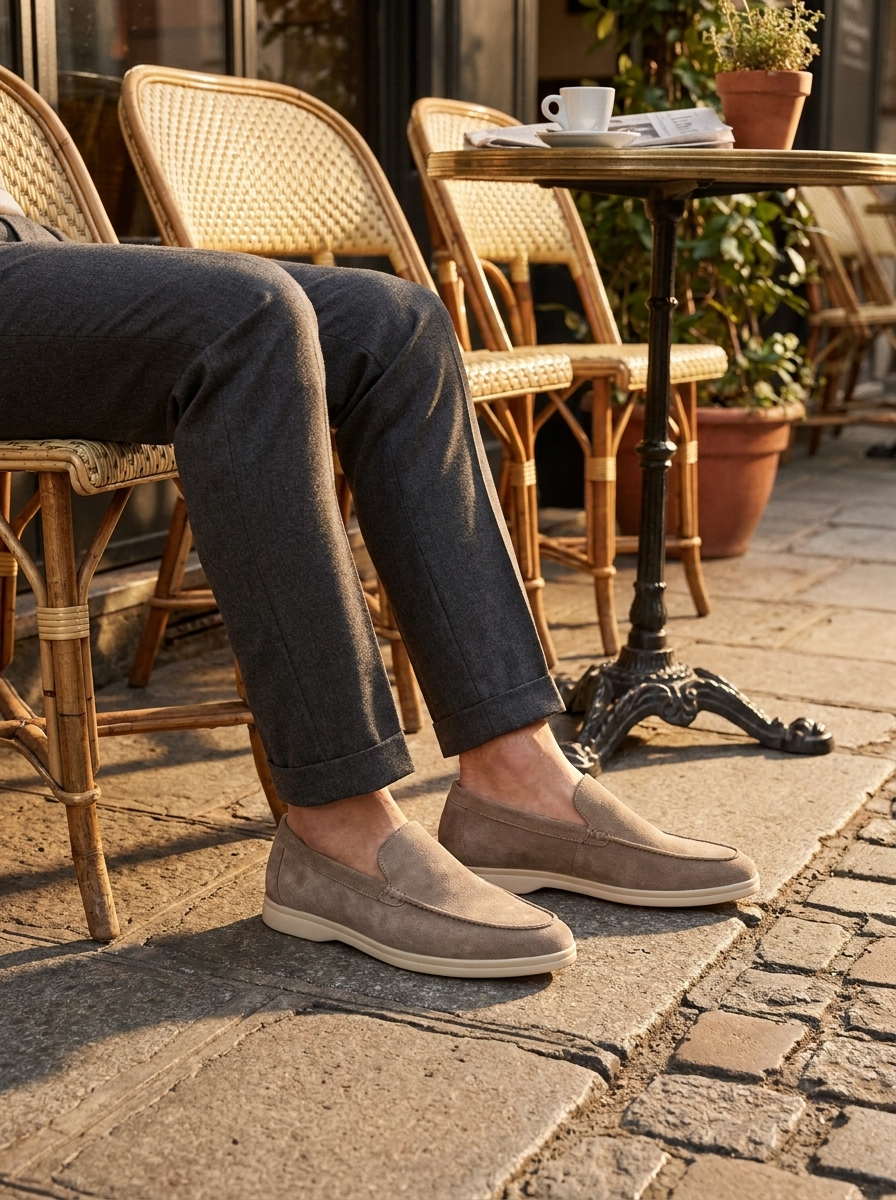 Taupe suede slip-on loafers worn on a sunlit cafe pavement