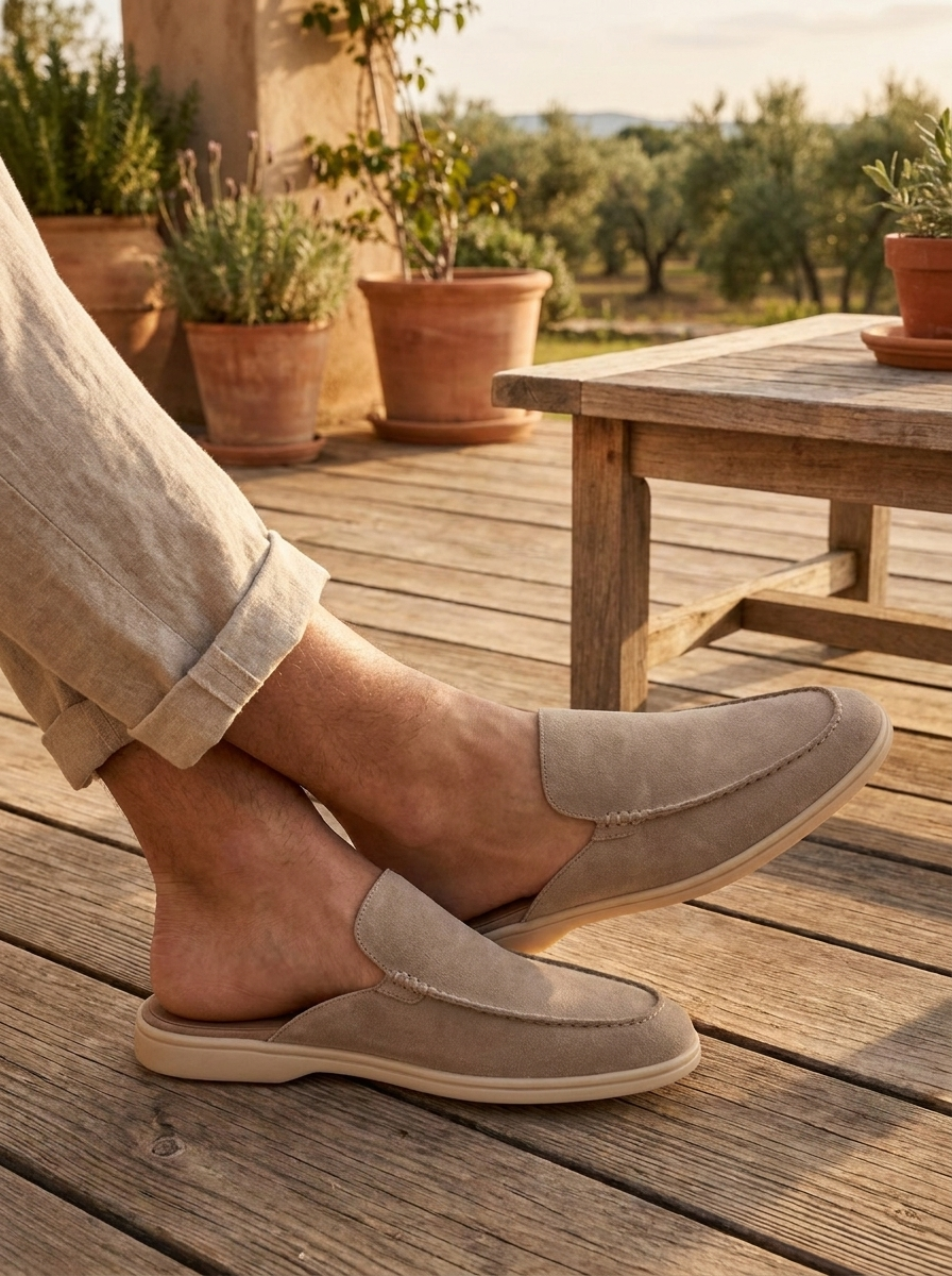 Taupe suede open-back slip-on mules worn on a wooden terrace deck