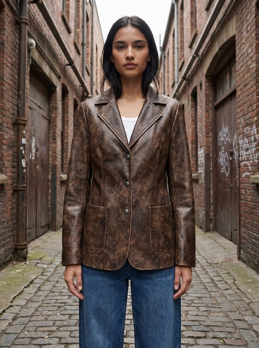 Woman wearing the distressed brown washed faux leather blazer in a brick alley