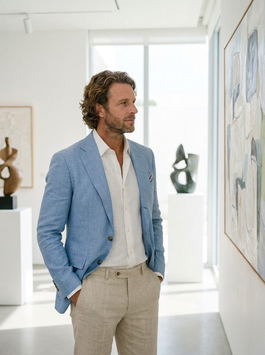 Man wearing a light blue tailored blazer jacket in an art gallery