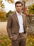 Man wearing a brown tweed two-piece notch lapel suit outdoors in autumn