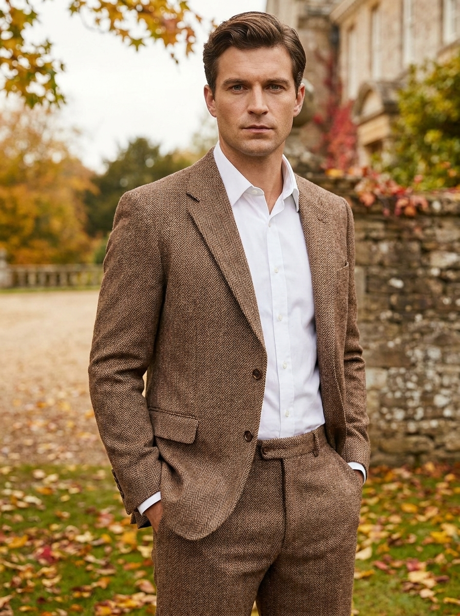 Man wearing a brown tweed two-piece notch lapel suit outdoors in autumn