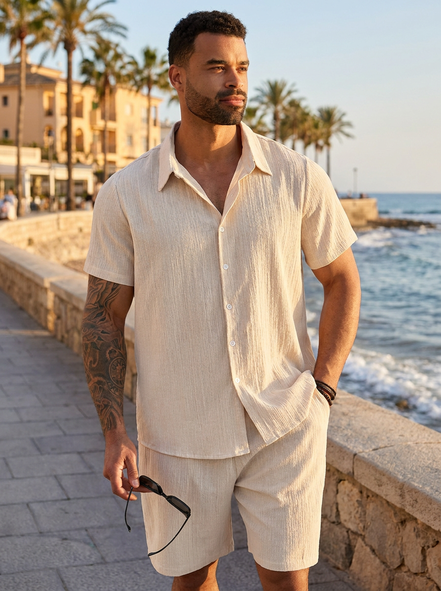 Man wearing a cream two-piece summer shirt and shorts set on a seaside promenade
