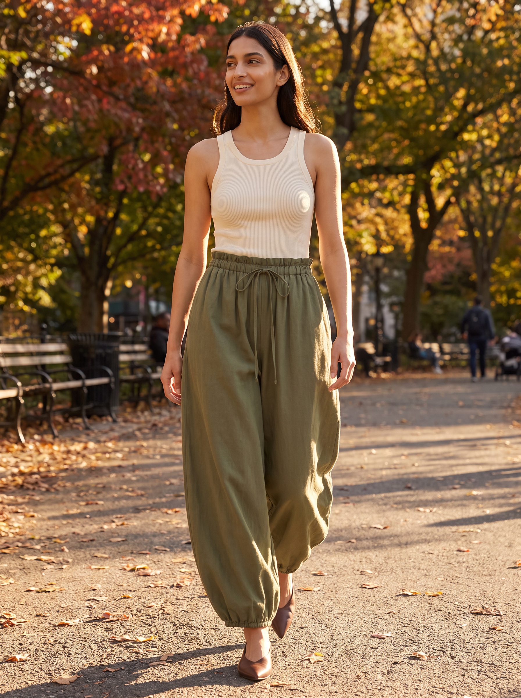 Balloon pants worn outdoors, full-length view