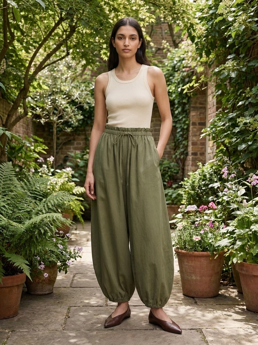 Woman wearing high-waisted balloon trousers with gathered elastic waist in a garden courtyard