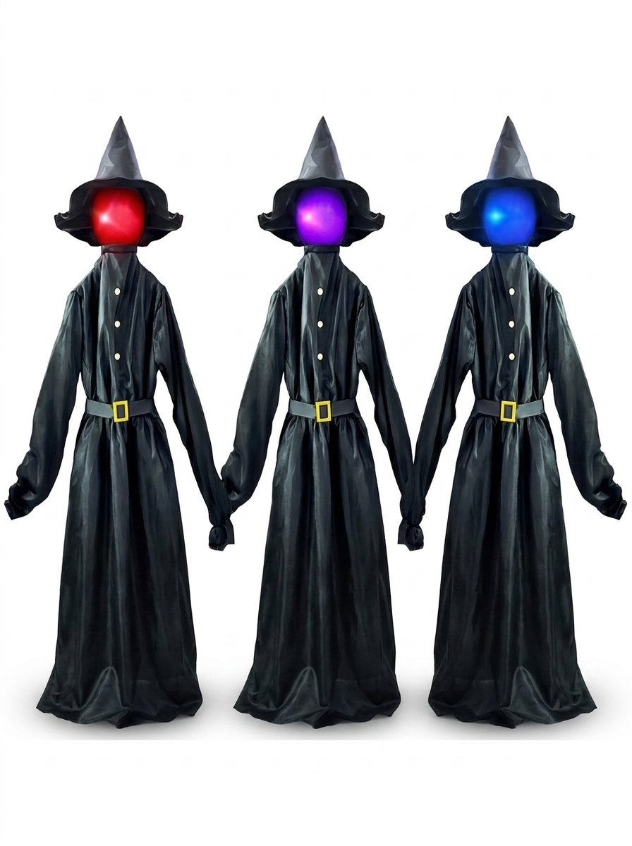 Three glowing witches holding hands on a white background
