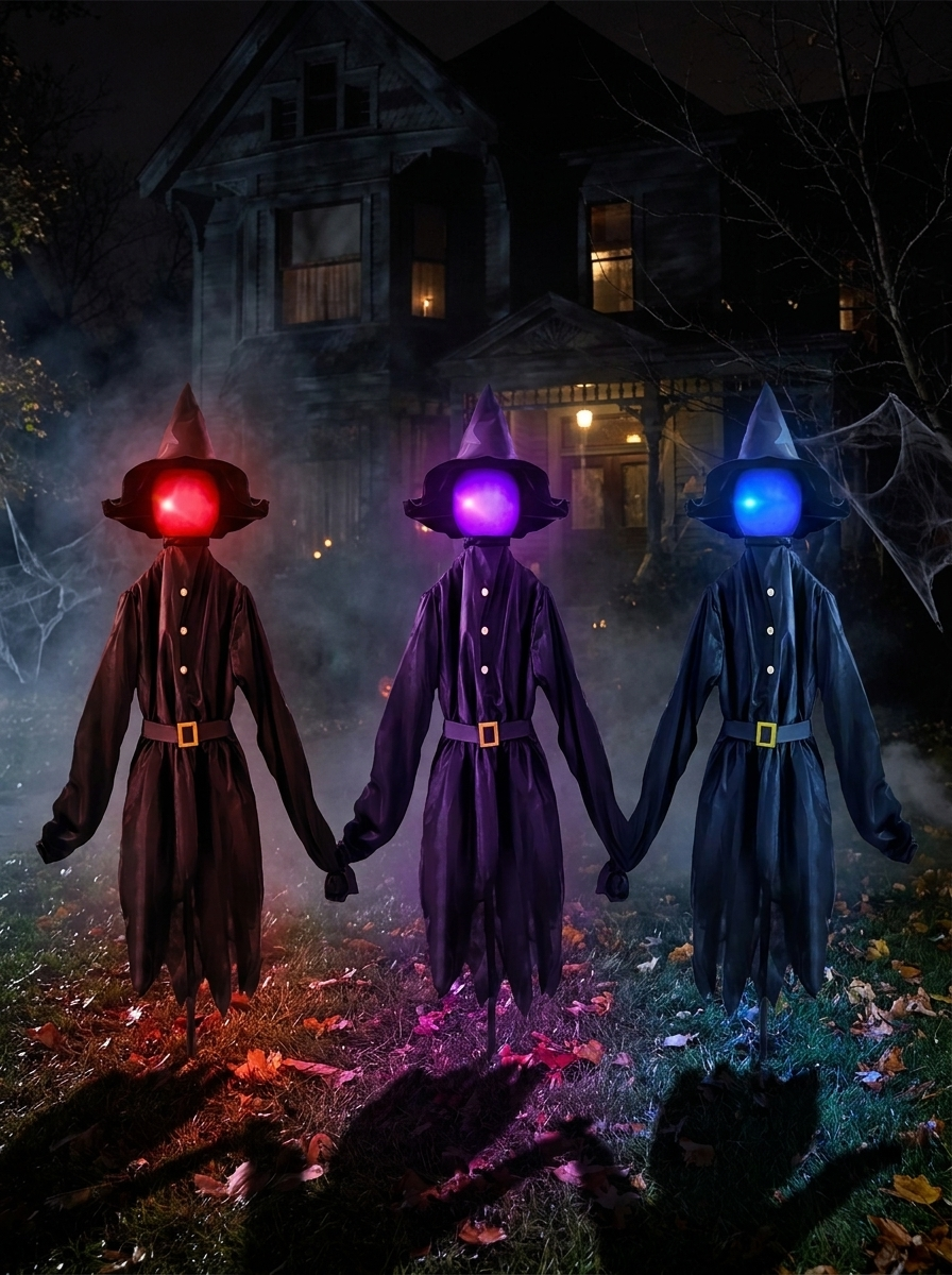 Glowing witches trio on a lawn at night