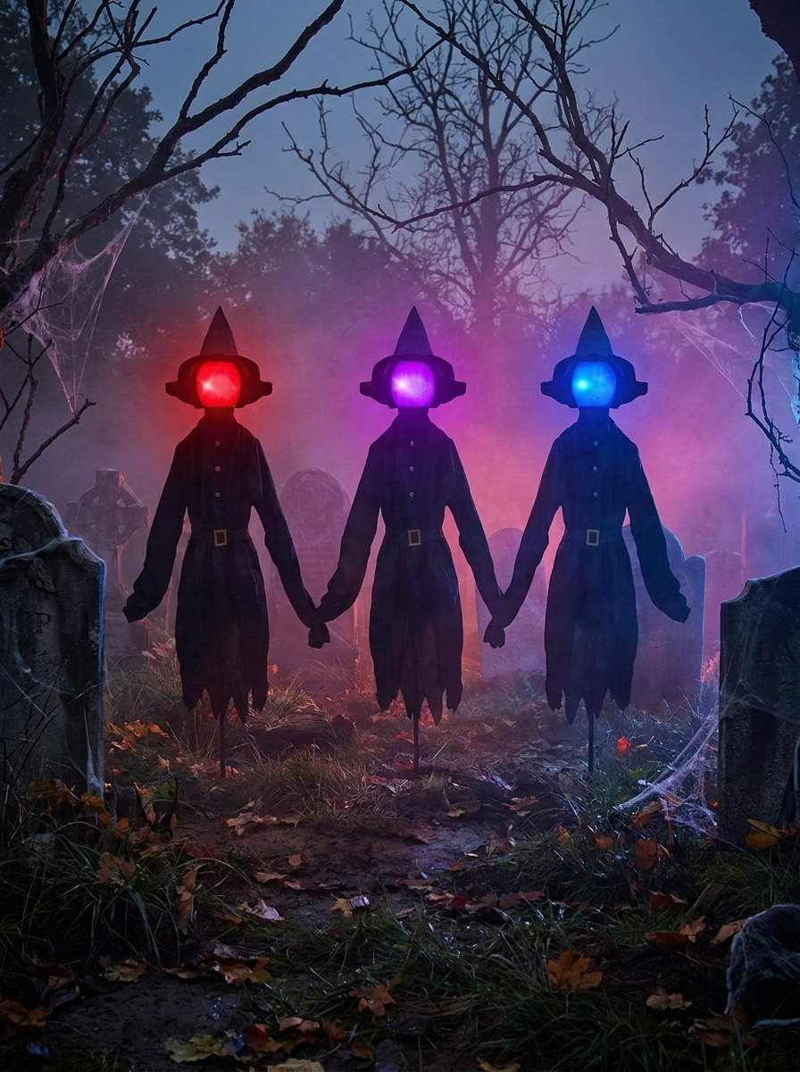 Witches trio in a misty graveyard scene