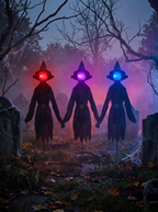 Witches trio in a misty graveyard scene