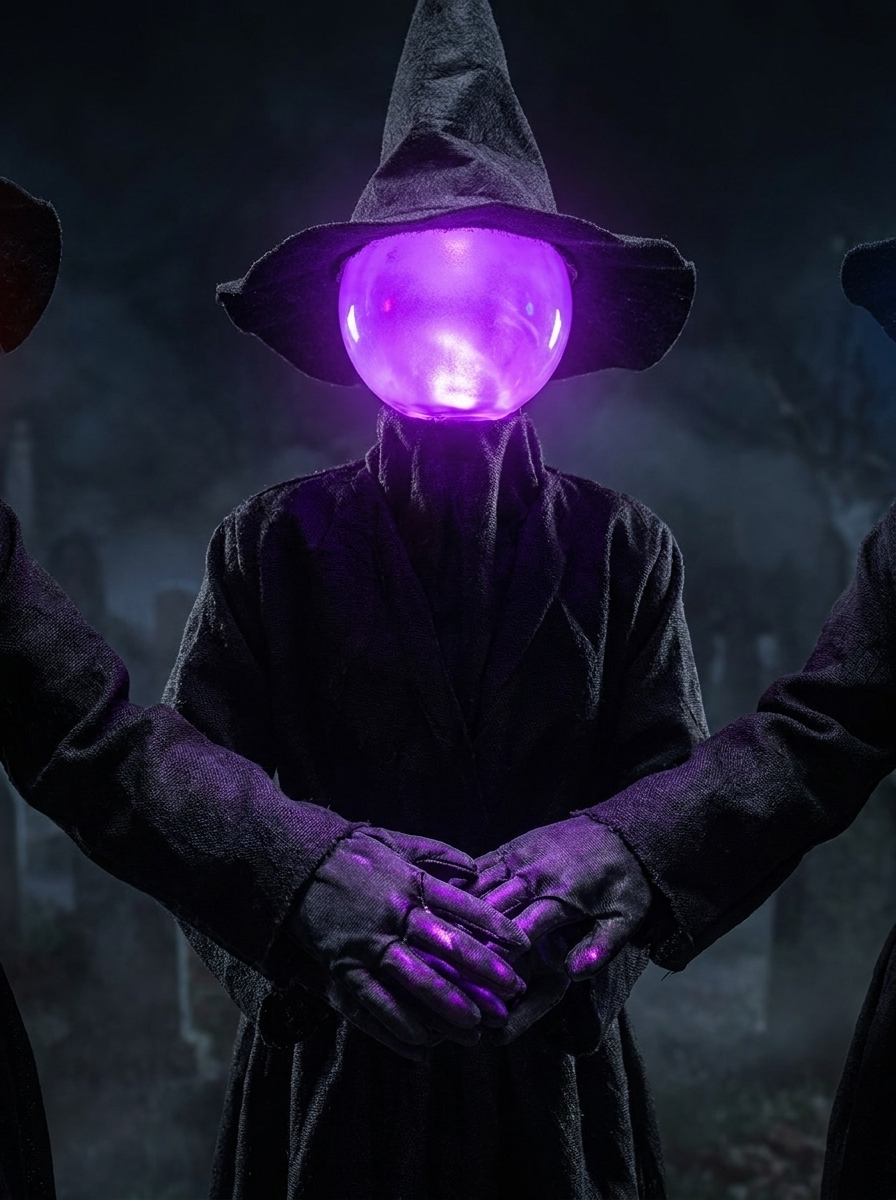 Close up of a glowing witch face and the joined hands