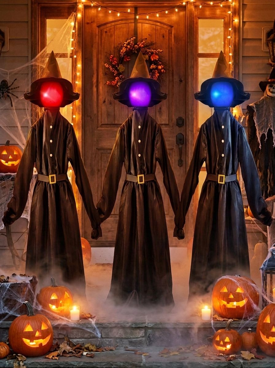 Glowing witches trio at a decorated entryway