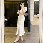 Hollow-out knit maxi dress with button front, front view