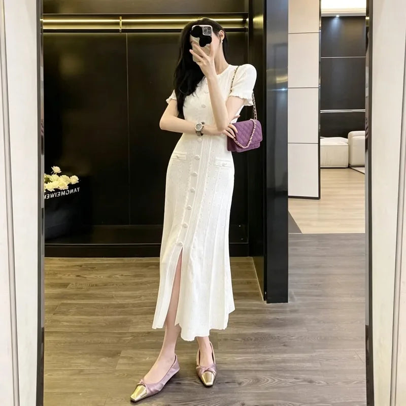Hollow-out knit maxi dress with button front, front view