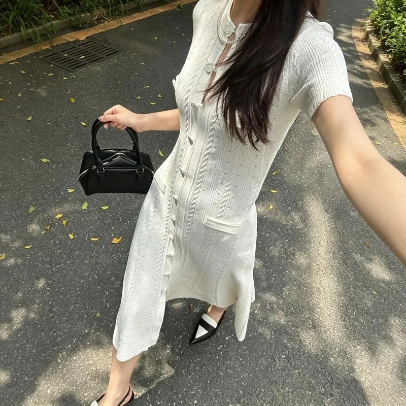 Side view of the knit maxi dress