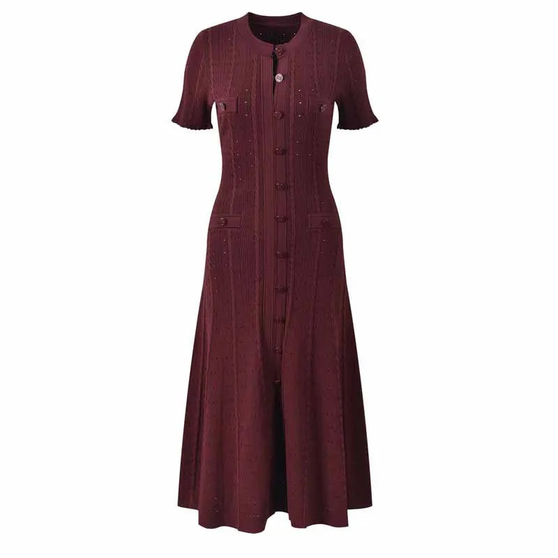 Hollow-out knit maxi dress in burgundy