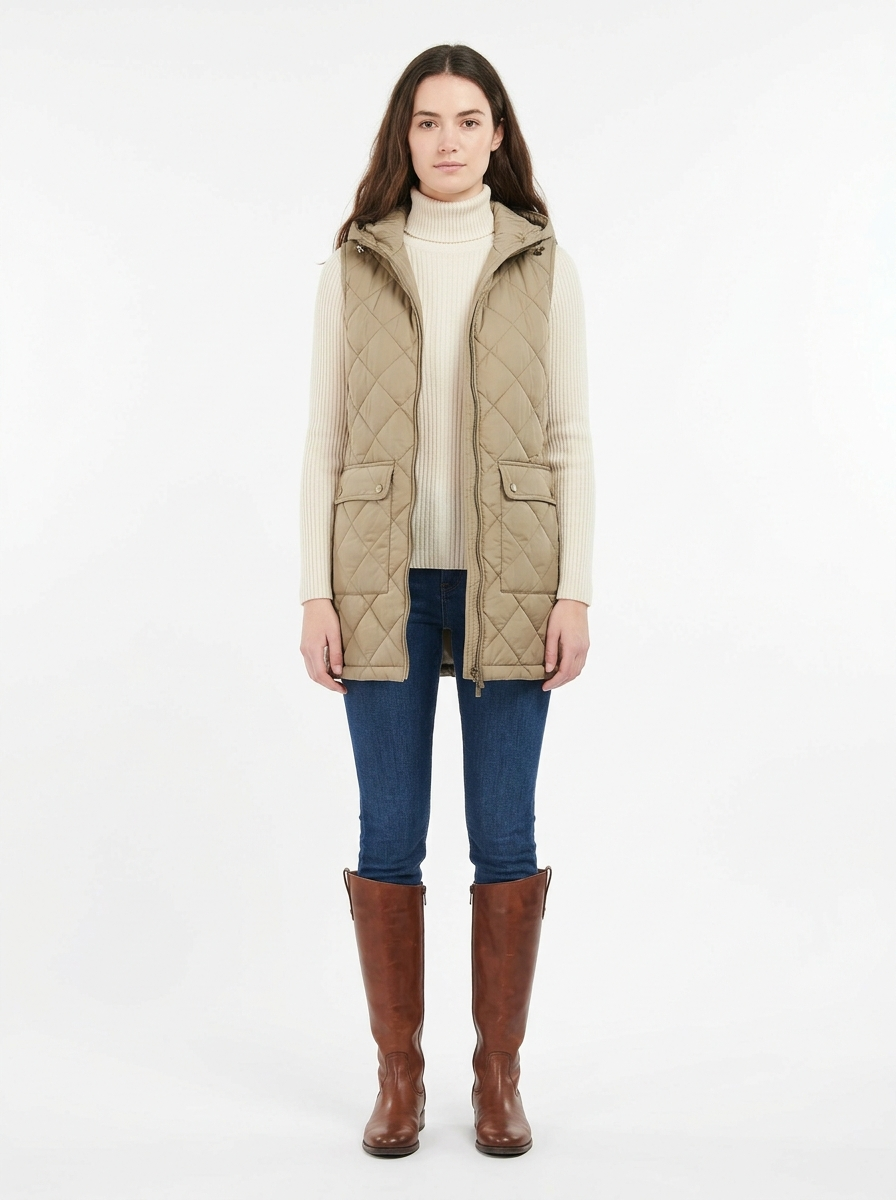 Khaki hooded quilted vest, front view