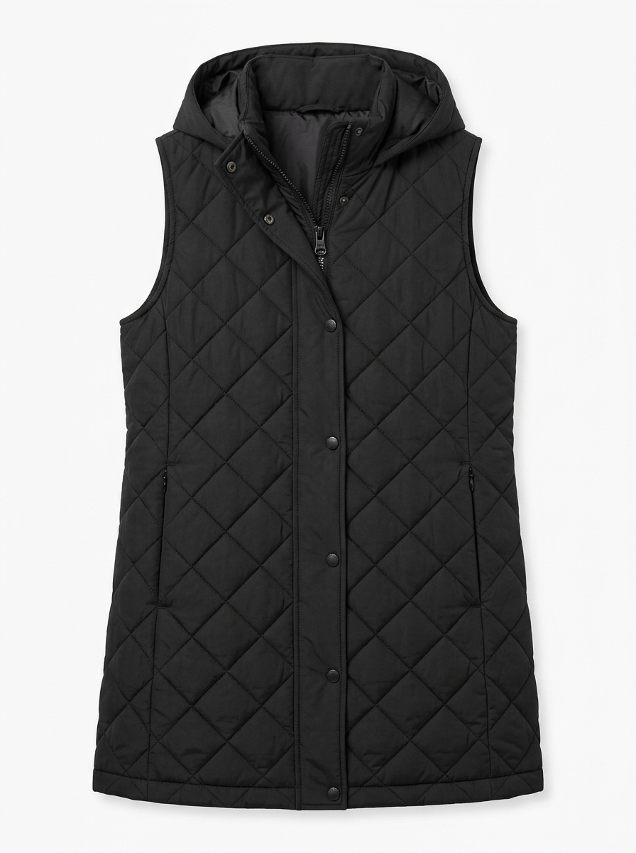 Black hooded mid-length quilted vest